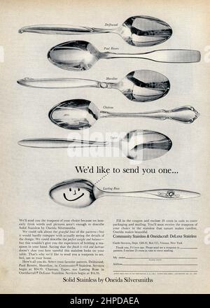 Oneida inossidabile flatware pubblicità e offerta per un campione cucchiaio, USA 1962 Foto Stock