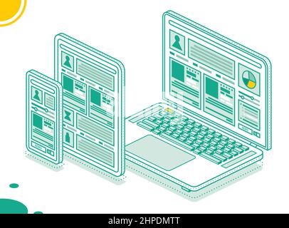 Smartphone, notebook e Tablet PC. Illustrazione vettoriale. Dispositivo digitale moderno isometrico isolato su sfondo bianco. Display con touch screen. Illustrazione Vettoriale