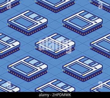 Modello senza giunture su disco magnetico floppy isometrico. Illustrazione vettoriale. Dischetto su sfondo blu. Dispositivo di memorizzazione elettronico retrospettiva. Concetto 80s e 90 Illustrazione Vettoriale