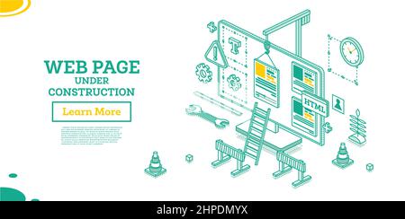 Pagina Web del sito Web in costruzione. Illustrazione vettoriale. Concetto di contorno isometrico. Monitor con gru ed elementi di progettazione. Illustrazione Vettoriale