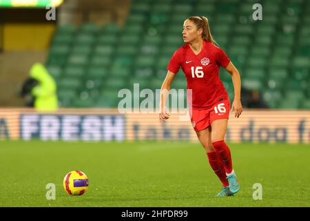 Norwich, Norfolk, Inghilterra; 20th febbraio 2022; Carrow Road, Norwich, Norforlk, Inghilterra; Arnold Clark Womens International football Canada contro Germania: Janine Beckie del Canada Foto Stock