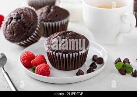 Muffin al cioccolato serviti con caffè e lamponi su un piatto Foto Stock