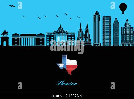 Profilo della città di Houston - illustrazione, Città su sfondo blu, Mappa del Texas Illustrazione Vettoriale