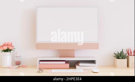 Elegante area di lavoro rosa con pc color pastello rosa con schermo bianco, arredamento rosa e accessori rosa su un tavolo di legno chiaro. 3d Foto Stock