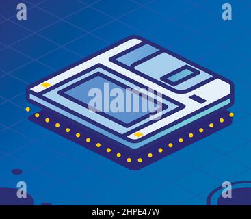 Floppy disk isometrico. Illustrazione vettoriale. Dischetto su sfondo blu. Dispositivo di memorizzazione elettronico retrospettiva. Illustrazione Vettoriale