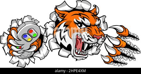 Tiger Gamer Video Game Controller mascotte cartoon Illustrazione Vettoriale