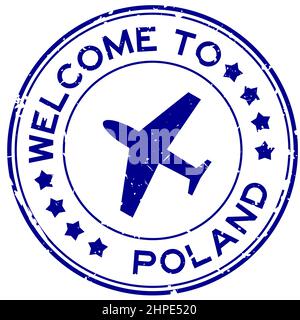 Grunge blu benvenuto in Polonia parola con icona aeroplano rotondo sigillo di gomma timbro su sfondo bianco Illustrazione Vettoriale