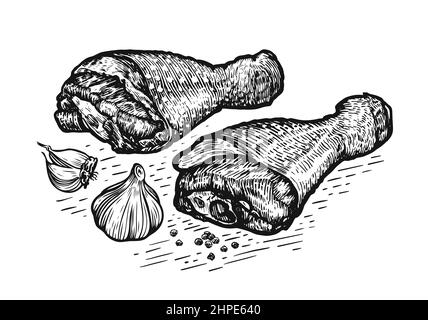 Cottura di cosce di pollo cibo di carne con verdure. Disegno a mano in bianco e nero incisione vettoriale Illustrazione Vettoriale