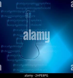 sfondo blu scuro con chitarra e note musicali - illustrazione vettoriale Illustrazione Vettoriale