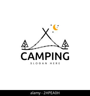 Logo Camping in stile linea, luna e stelle nel cielo minimalista illustrazione vettoriale Illustrazione Vettoriale