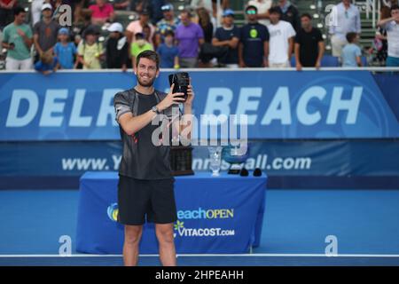 DELRAY BEACH, FL - FEBBRAIO 20: Cameron Norrie di Gran Bretagna vince la sua partita finale maschile contro Reilly Opelka degli Stati Uniti durante il Delray Beach Open. Foto Stock