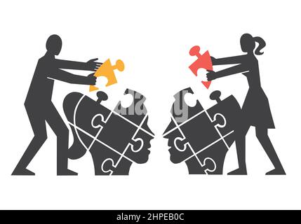 : Coppia, comprensione e dialogo reciproci, concetto di puzzle. Illustrazione della coppia che monta un puzzle della testa del partner. Illustrazione Vettoriale
