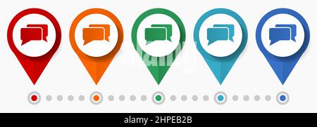 Chat, set di icone vettoriali per il concetto di dialogo, puntatori di conversazione a design piatto, modello infografico facile da modificare Illustrazione Vettoriale
