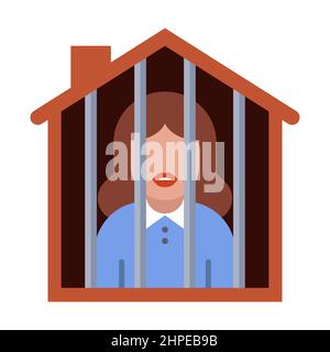 ragazza all'arresto della casa. donna casalinga in una gabbia. illustrazione vettoriale piatta. Illustrazione Vettoriale