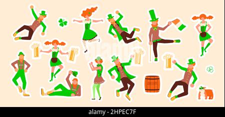 Leprechauns con tazze di birra e set adesivi da ballo. Cute etichette appiccicose decorate con bot assistente isolato. Illustrazione del vettore Flat Art Illustrazione Vettoriale