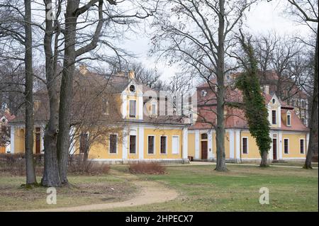 Neschwitz, Germania. 15th Feb 2022. La stazione di conservazione della natura (l) nel Parco del Castello di Neschwitz. (A dpa 'la stazione di conservazione della natura raggiunge sotto le ali dei pazienti piume') credito: Sebastian Kahnert/dpa-Zentralbild/dpa/Alamy Live News Foto Stock