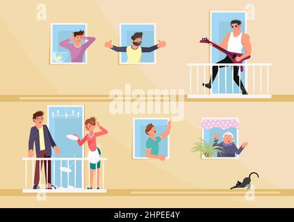 Uomini e donne vicini i personaggi che vivono negli appartamenti casa vicini sentono musica forte. Illustrazione di Flat Art Vector Illustrazione Vettoriale