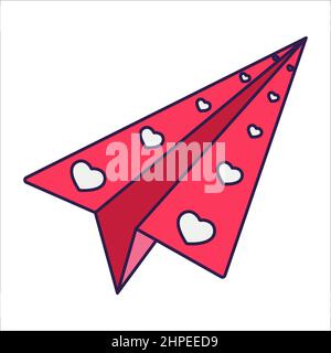 Retro San Valentino icona di carta aeroplano con cuori. Simbolo d'amore nello stile d'arte alla moda pop line. L'aereo carino è in rosa morbido, rosso, e co Illustrazione Vettoriale