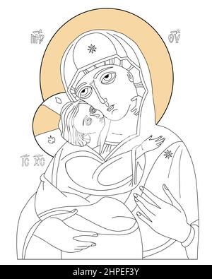 Icona ortodossa della Vergine di Vladimir icona. Santa Madre, Dio Madre di Dio Regina del Cielo con Gesù Cristo Bambino. Eleusa, disegno lineare a mano. Vettore Illustrazione Vettoriale