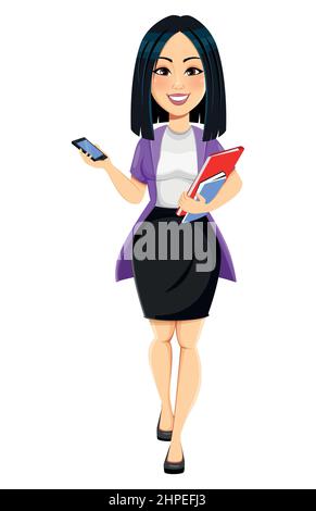 Concetto di moderna giovane donna asiatica d'affari. Personaggio cartone animato donna d'affari con smartphone. Illustrazione vettoriale su sfondo bianco Illustrazione Vettoriale