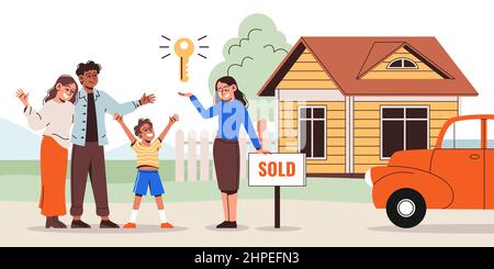 Acquisto casa. La famiglia felice compra la casa, l'agente immobiliare consegna le chiavi, i genitori con l'assestamento del capretto nel nuovo posto vivente. Acquisto da broker Illustrazione Vettoriale