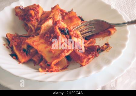 Pasta di paccheri al forno con salsa di pomodoro, melanzane e mozzarella Foto Stock