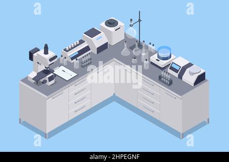 Concetto di laboratorio chimico isometrico. Gli assistenti di laboratorio lavorano in esperimenti scientifici medici chimici o biologici di laboratorio. Illustrazione Vettoriale