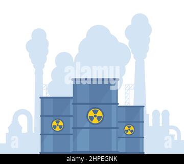 Residui radioattivi in barili e impianti altamente inquinanti con torri fumanti e tubi sullo sfondo. Barile con icona di rischio radioattivo. Ecol Illustrazione Vettoriale