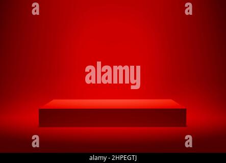 Piattaforma o piedistallo rosso vuoto per l'esposizione del prodotto. Stand vuoto per mostrare o presentare prodotti per il giorno di Natale o di San Valentino. 3D rendering. Foto Stock