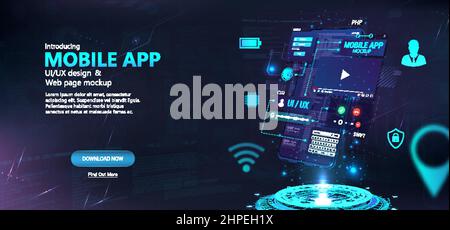 3D smartphone moderno con sviluppo di applicazioni di processo Illustrazione Vettoriale