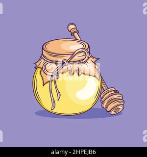 Vaso di miele con bastone vettore illustrazione piatta, Cartoon stile singolo vaso di miele icona vettore piatto isolato sullo sfondo. Icona del simbolo del miele naturale. Illustrazione Vettoriale