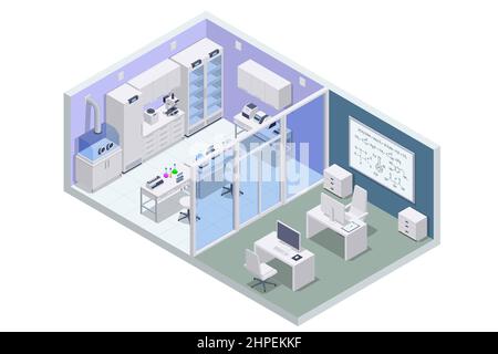 Concetto di laboratorio chimico isometrico. Gli assistenti di laboratorio lavorano in esperimenti scientifici medici chimici o biologici di laboratorio. Illustrazione Vettoriale