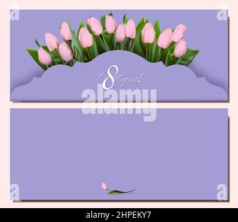 Tessera Festa della Donna Marzo 8. L'iscrizione in russo dal marzo 8Greeting realistico tulipano fiori modello, sfondo floreale di lusso, interno Illustrazione Vettoriale