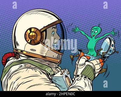 Un astronauta maschio sorpreso guarda un alieno in un festoso UFO flying piatter box Illustrazione Vettoriale