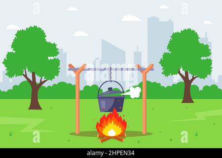 cuoco sopra un fuoco nella foresta. che cucina cibo in pentole. illustrazione vettoriale piatta. Illustrazione Vettoriale