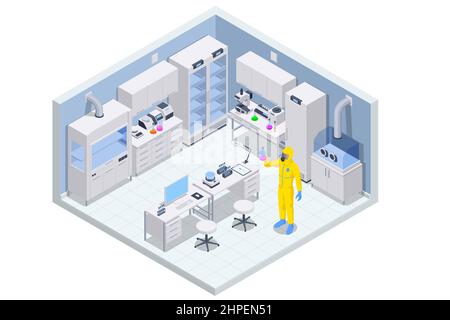 Concetto di laboratorio chimico isometrico. Gli assistenti di laboratorio lavorano in esperimenti scientifici medici chimici o biologici di laboratorio. Illustrazione Vettoriale