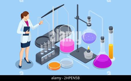 Concetto di laboratorio chimico isometrico. Gli assistenti di laboratorio lavorano in esperimenti scientifici medici chimici o biologici di laboratorio. Illustrazione Vettoriale