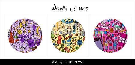 Big vector doodle sewing, magical, paint sets. Vector tailoring, halloween, artist s tools icons. Sewing mannequin, machine, measuring and cutting Illustrazione Vettoriale
