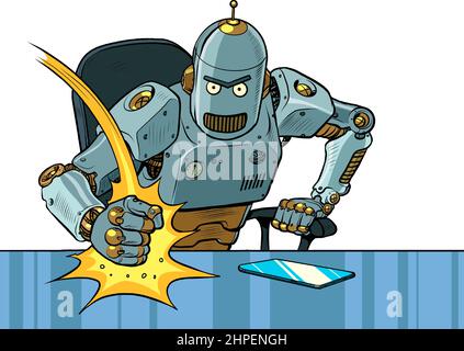 Il male boss robot colpisce il tavolo con il pugno. Emozioni in ufficio. Boss arrabbiato Illustrazione Vettoriale