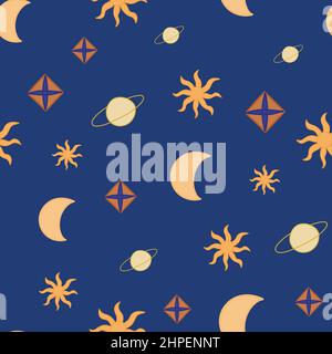 Corpi celesti modello senza giunture. Oggetti astronomici disegnati a mano su sfondo blu. Illustrazione Vettoriale