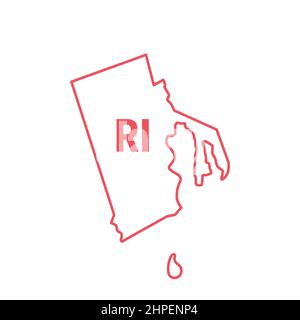 Rhode Island mappa dello stato degli Stati Uniti contorno rosso confine. Illustrazione vettoriale isolata su bianco. Abbreviazione di stato di due lettere. Tratto modificabile. Regolare la pesata della linea Illustrazione Vettoriale