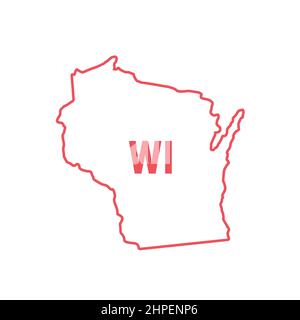 Wisconsin Stati Uniti mappa contorno rosso confine. Illustrazione vettoriale isolata su bianco. Abbreviazione di stato di due lettere. Tratto modificabile. Regolare lo spessore della linea. Illustrazione Vettoriale