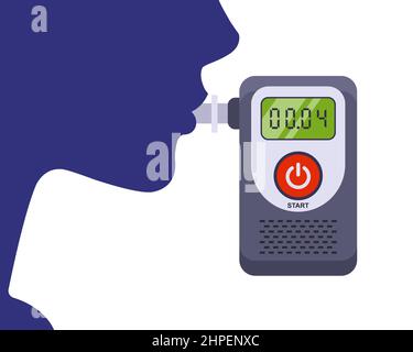 il conducente espira nel respiratore. test di una persona per l'intossicazione da alcol. illustrazione vettoriale piatta. Illustrazione Vettoriale
