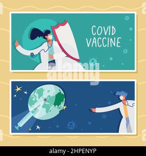 covid19 medici vaccini personaggi scena Illustrazione Vettoriale