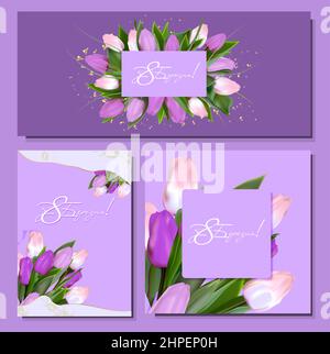 8 modello biglietto d'auguri di marzo. Stampa mockup cartolina. Iscrizione in Ucraina: Marzo 8. Flyer congratulazioni per la giornata internazionale delle donne Illustrazione Vettoriale