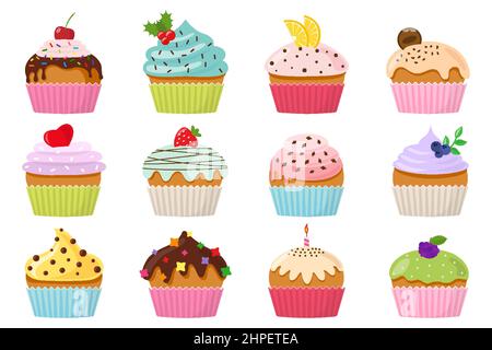Cupcake con panna e cioccolato. Dolci collezioni muffin decorate con ciliegia, mora e menta, candela, limone, biscotti, fragola. Pasticcini cosparsi di gustose briciole. Illustrazione vettoriale Illustrazione Vettoriale