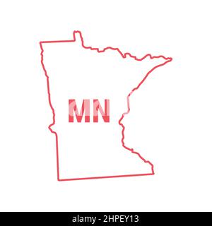 Minnesota Stati Uniti mappa contorno rosso confine. Illustrazione vettoriale isolata su bianco. Abbreviazione di stato di due lettere. Tratto modificabile. Regolare lo spessore della linea. Illustrazione Vettoriale