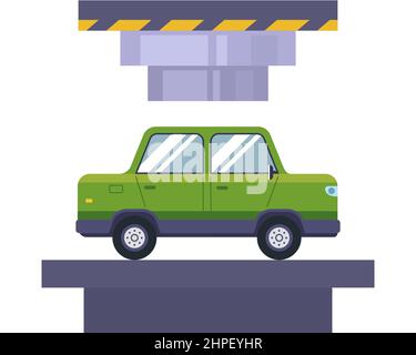 pressa idraulica comprime una vecchia auto per il riciclaggio. illustrazione vettoriale piatta. Illustrazione Vettoriale