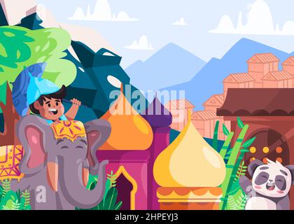 Colorato turismo di illustrazione in Himalaya Cina e India bambini a cavallo elefante panda bambù e pietra miliare di architettura Illustrazione Vettoriale