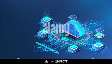 Archiviazione cloud. Banner isometrico Illustrazione Vettoriale